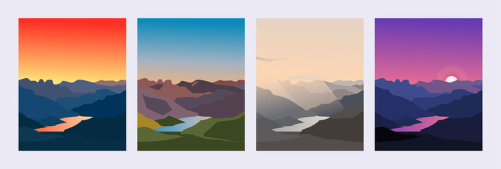Set of graphic mountain landscapes. Editable vector illustrations. Sunset, sunrise, day, night, misty mountains.