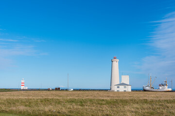 Fototapeta na wymiar Gardskagaviti lighthouse on the coast of Iceland