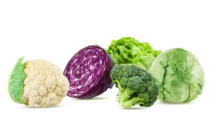 Group of vegetables cabbage, broccoli, romanesco, cauliflower, lettuce isolated on white background