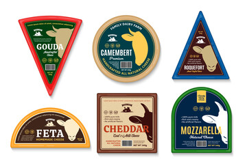 Vector cheese labels and packaging design templates. Cow, sheep, and goat icons