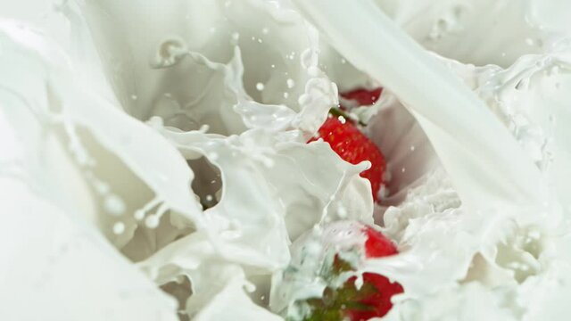 Super slow motion of strawberries falling into milk. Filmed on high speed cinema camera, 1000 fps.