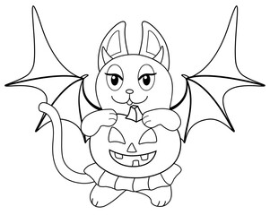 Cat girl in a bat costume and a skirt with a pumpkin in her paws - vector linear picture for coloring. Halloween picture of a cat with Jack's lantern and bat wings - an element for coloring. Outline.