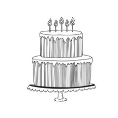 Birthday cake illustration. Invitation vector decoration. Happy birthday cake for greeting card. Coloring book page. Celebration print design.