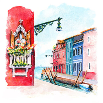 Canal and bright houses on island Burano, Venice, Italy. Digital drawing as watercolor