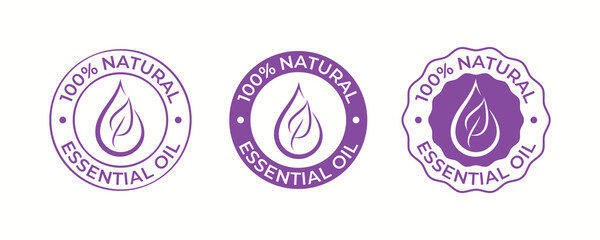 Essential oil drop and leaf icon for beauty and skincare natural product certificate tag. 100 percent essential oils sticker logo for body lotion, cream and shampoo moisturizer, spa wellness fragrance