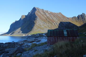 Panoramic shot on Lofoten Islands on a very beautiful and clear day in fall