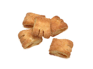 Puff pastry, Goose Feet cookies with apple filling on white background