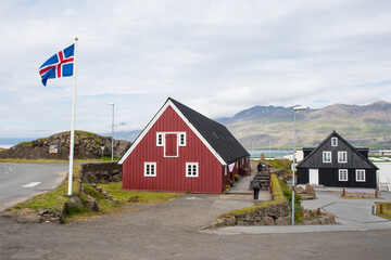 Old historic rebuilt buildings in town of Djupivogur in Iceland