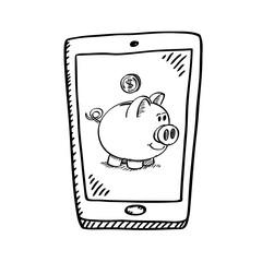 Cartoon style black and white doodle of mobile phone with piggy bank screen. Black and white vector illustration.
