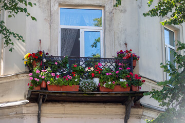 View from the street to a sunny balcony with flowers.