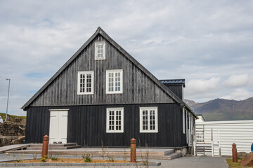 Old historic rebuilt building in town of Djupivogur in Iceland