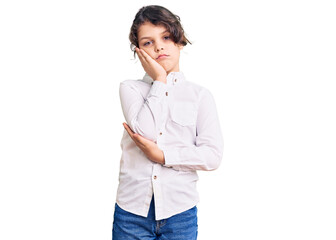 Cute hispanic child wearing casual clothes thinking looking tired and bored with depression problems with crossed arms.