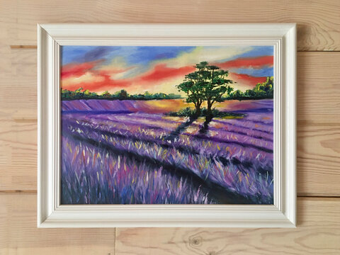 Oil painting lavender field on the wall. Framed canvas painting for home