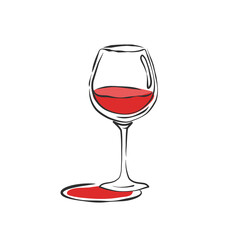 Wineglass red wine. Drink element. Color object. Retro glass wine hand draw, design for any purposes. Restaurant illustration. Simple sketch. Isolated on white background in engraving style