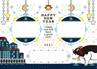 Naklejka premium ２０２１年丑年イラスト年賀状デザイン「牛とキラキラ輝く星空の牡牛座フレーム枠」HAPPY NEW YEAR （year of the ox illustration new year's card greeting post card design cow and Taurus in the twinkle starry sky frame happy new year）