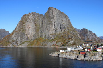 Fototapeta na wymiar The village of Reine on Lofoten islands in Northern Norway on a clear day in autumn