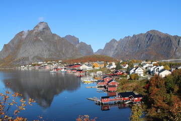 The idyllic village of Reine on Lofoten islands on a beautiful day in autumn