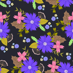 Fototapeta na wymiar Beautiful dark contrast doodle seamless pattern with purple and pink flowers bouquets with leaves. Cute mystery childish scandinavian floral texture for textile, wrapping paper, surface, wallpaper