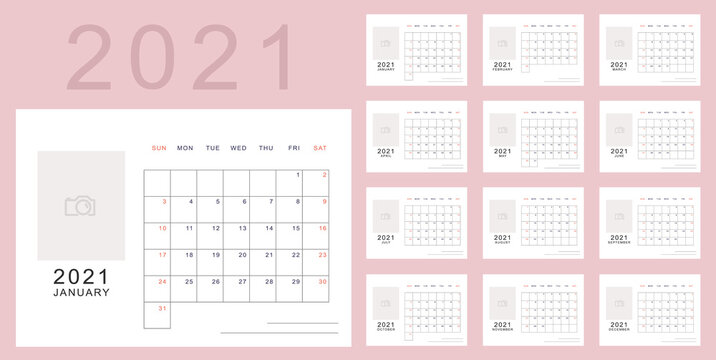 Simple minimalistic calendar of new 2021 year in light pink colors with place for photo. Week starts in Sunday, twelve month calendar. Work and holiday events planner, block-almanac template
