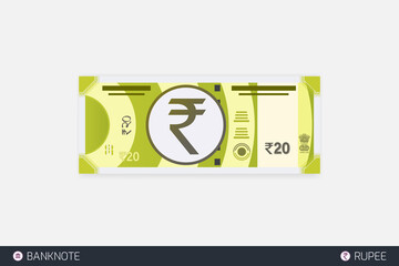 Rupee Indian currency symbol. Flat style Indian twenty rupee vector illustration. New 20 rupee banknote.