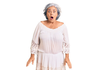 Senior woman with gray hair wearing bohemian style afraid and shocked with surprise and amazed expression, fear and excited face.