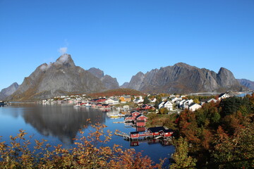 The idyllic village of Reine on Lofoten islands on a beautiful day in autumn