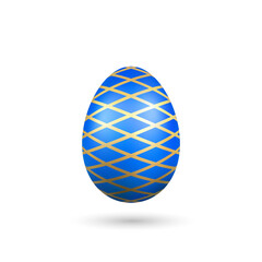 Easter egg 3D icon. Blue gold egg, isolated white background. Bright realistic design, decoration for Happy Easter celebration. Holiday element. Shiny pattern. Spring symbol. Vector illustration