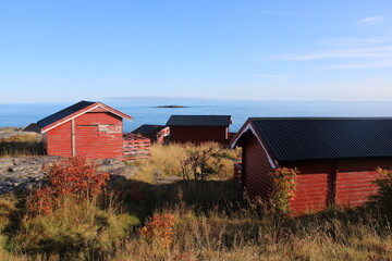 Obraz premium A beautiful Norwegian village on Lofoten Islands on a clear day in fall