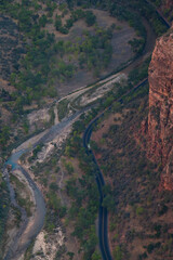 View of Canyon Road below from Angels Landing in Zion National Park, Utah
