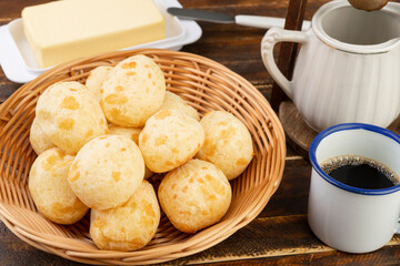 Typical brazilian cheese bun on a basket with butter and coffee