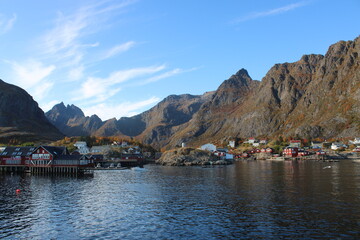 Fototapeta na wymiar The village of Å on Lofoten islands in Northern Norway on a clear day in autumn