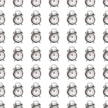 Seamless pattern of alarm clocks on a white background.