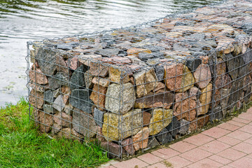 environmental object, gabion fence wall from steel mesh with stones