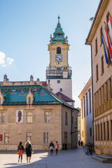 Old Town Hall in the centre of Bratislava. One of the oldest historical buildings. Popular tourist spot, houses a City Museum.  Stara Radnica at Hlavne namestie