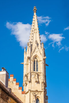 The tower of Clarissine Klarisky Church and Monastery. Bratislava. Capital of Slovakia. Gothic church architecture against blue sky