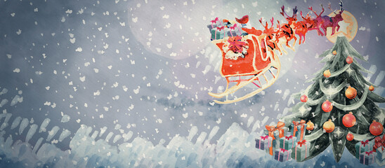 Christmas background with Santa Claus and christmas tree. Watercolor.