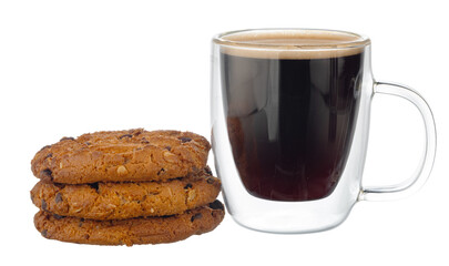 Glass cup of coffee with chocolate chip cookie isolated on white