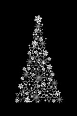 Creative Christmas illustration, Christmas tree, white snowflakes on a black background.