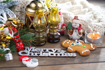Merry Christmas, postcard with gifts and Christmas decorations.