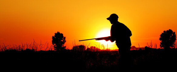 A silhouette of a male hunter carrying a shotgun. He could be hunting pheasant, chukar, partridge,...