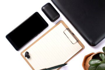 Gadgets mockup template isolated on white background. Flat lay design. Gadgets for Business template top view.