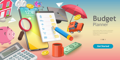 3D Vector Conceptual Illustration of Family Budget Management, Mobile App for Financial Calculations and Planning.