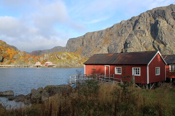 Nusfjord village on Lofoten islands on a beautiful and clear day in autumn