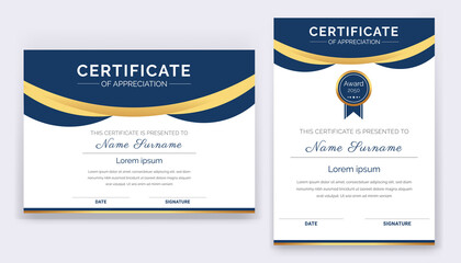 Modern and professional certificate of appreciation award template with blue and golden shapes and badge.