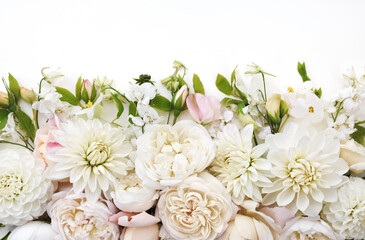Delicate blossoming roses and flowers, blooming pastel festive frame background, soft white bouquet floral card, toned	