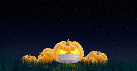 coronavirus measures and halloween concept. masked lantern pumpkin