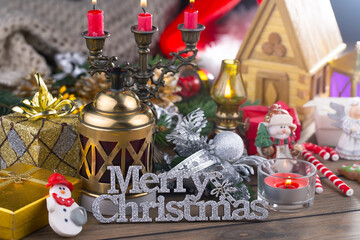 Merry Christmas, postcard with gifts and Christmas decorations.