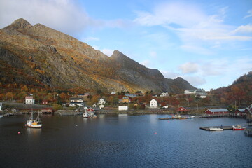 Fototapeta na wymiar The beautiful village of Å on Lofoten islands in Norway on a beautiful and clear day in autumns
