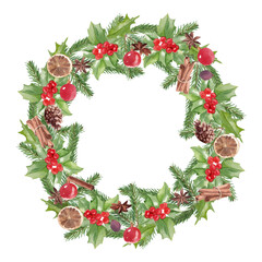 Christmas wreath. watercolor painted wreath with christmas decorations. Great for greeting cards, printing products, flyers, banners, letters