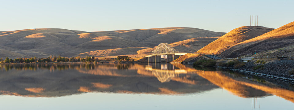 Panorama of the Washington Route 127 Bridge Reflected in the Snake River in Eastern Washington